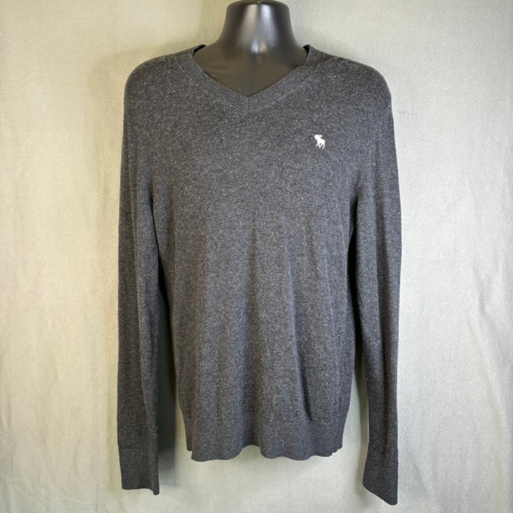 Abercrombie & Fitch Mens Gray Wool Cotton Blend V-Neck Logo Sweater Size M